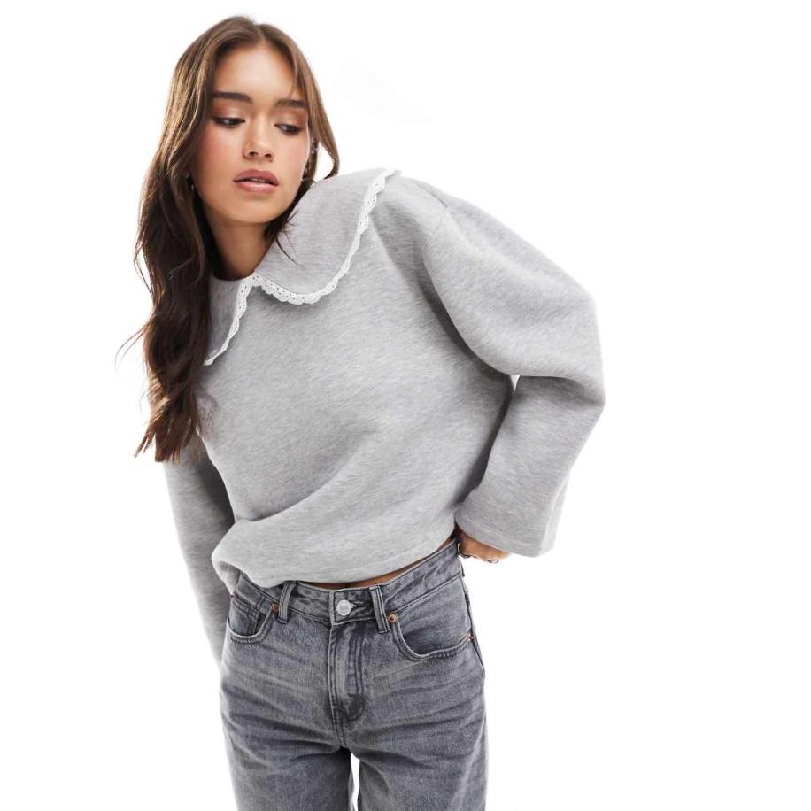 ASOS DESIGN Sweater met kanten kraagje in gemêleerd lichtgrijs Grijs