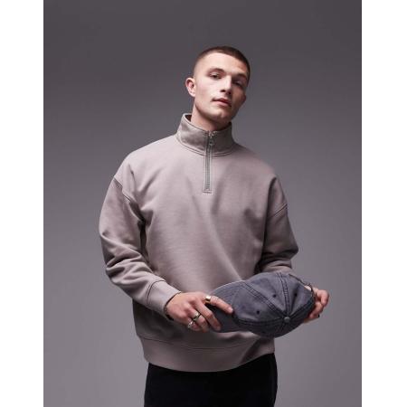 Topman - Oversized sweatshirt van premium zware stof met 1/4 rits in beige-Neutraal