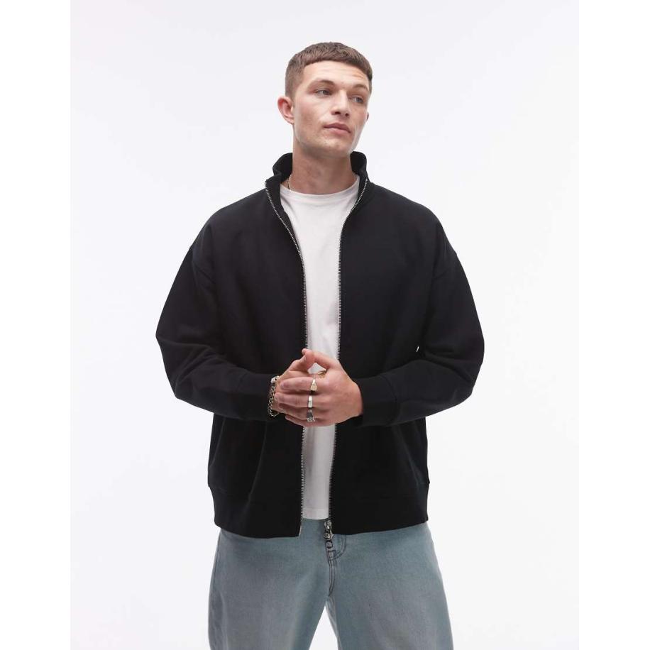 Topman - Premium - Sweatshirt van zware stof met rits en opstaande boord in zwart Zwart