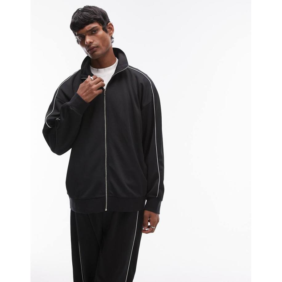 Topman - Oversized vest met ritssluiting en dubbele bies in zwart, deel van co-ord set Zwart