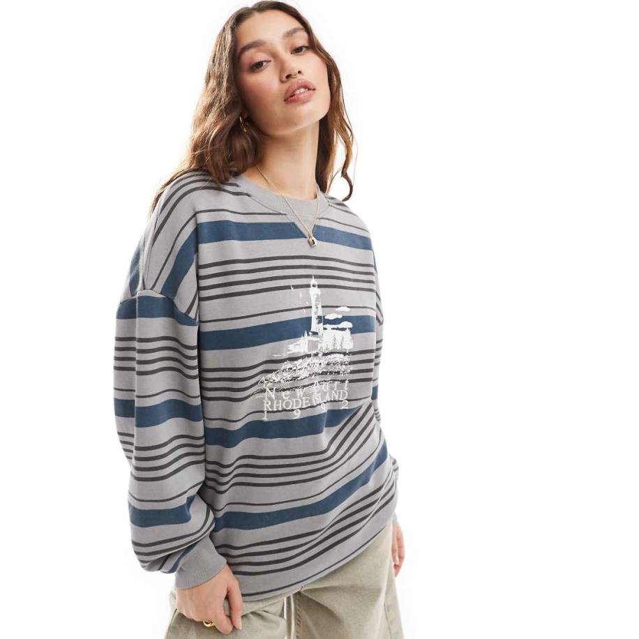 Daisy Street Sweatshirt met retro strepen en Newport Rhode Island-print-Zwart Zwart