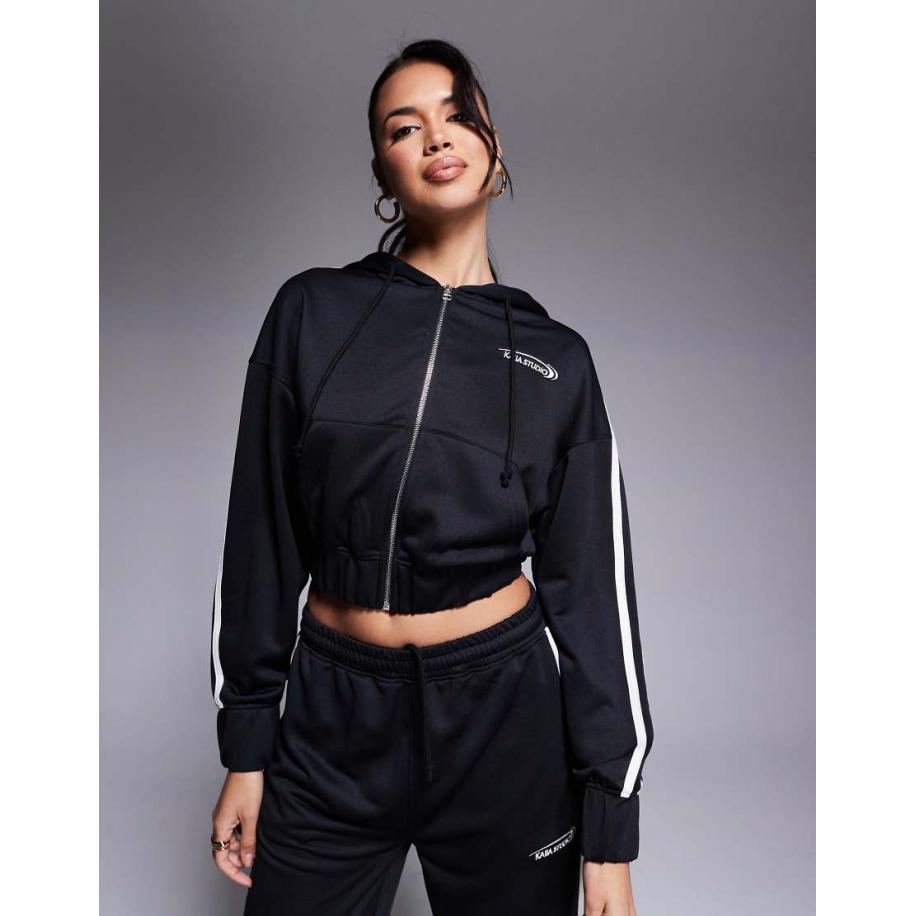 Kaiia Studio Cropped hoodie met rits en streep in zwart, deel van co-ord set Zwart