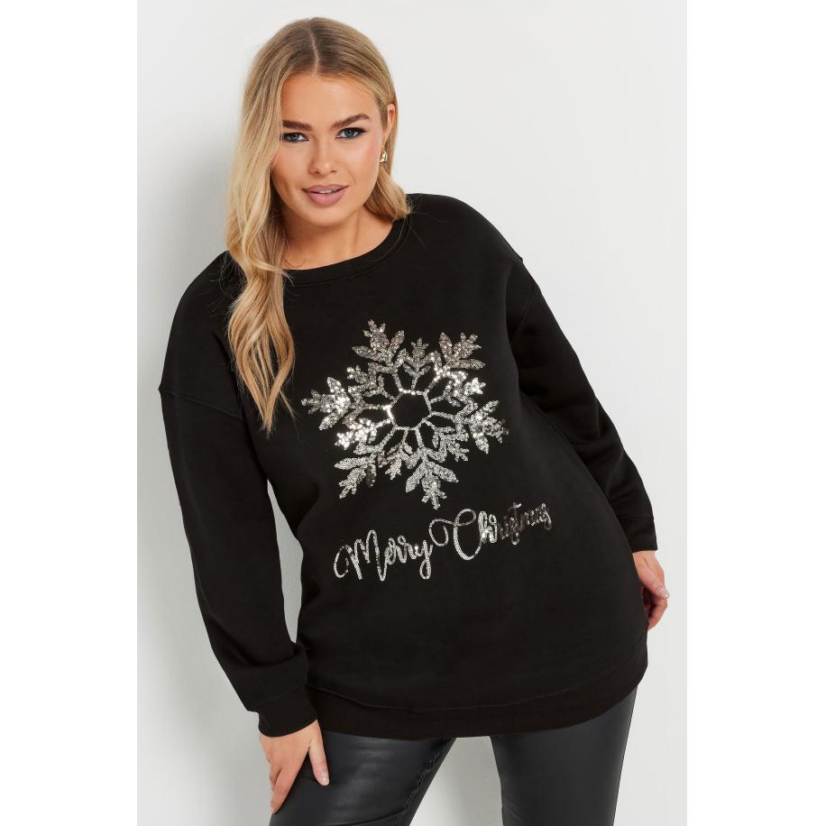 Yours Sweatshirt Met 'Merry Christmas' Print Van Pailletten In Zwart Size 58-60 Zwart