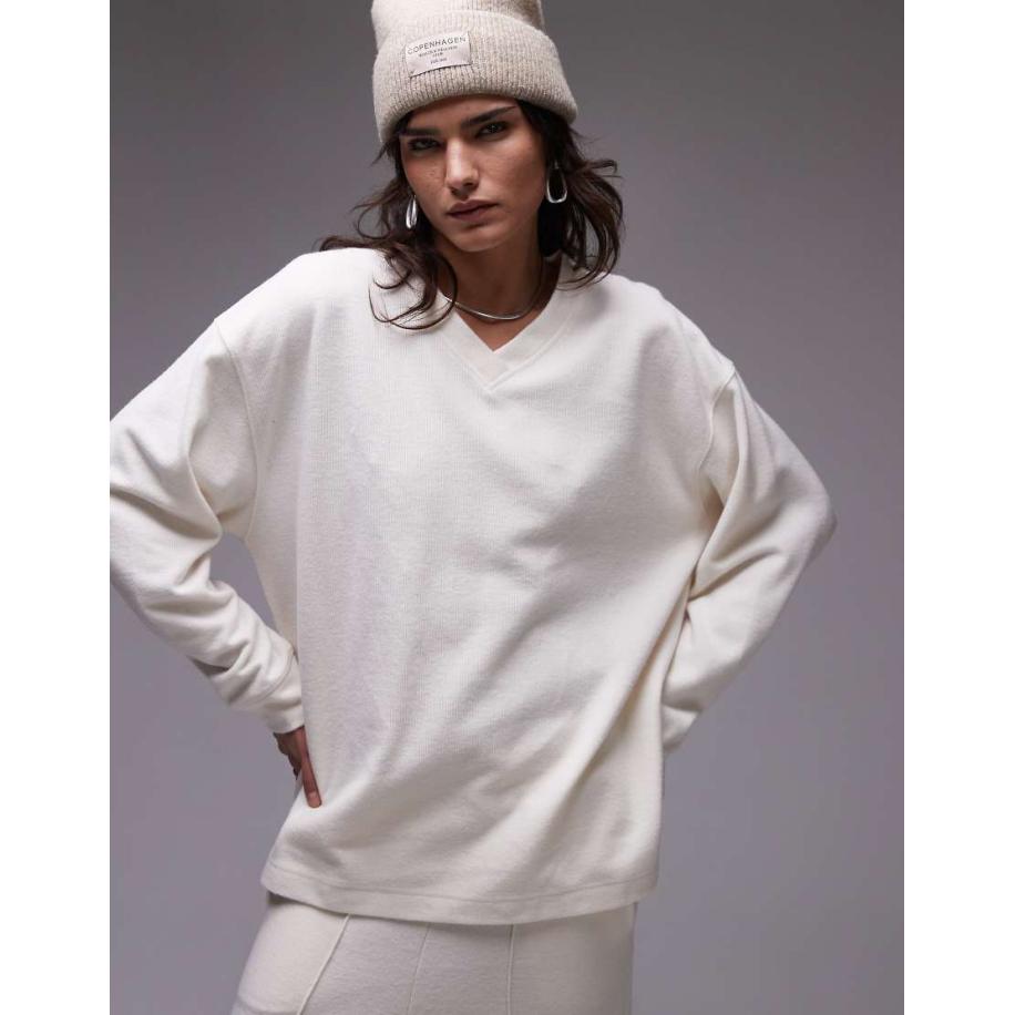 Topshop Geborsteld sweatshirt met V-hals in crème-Wit Wit