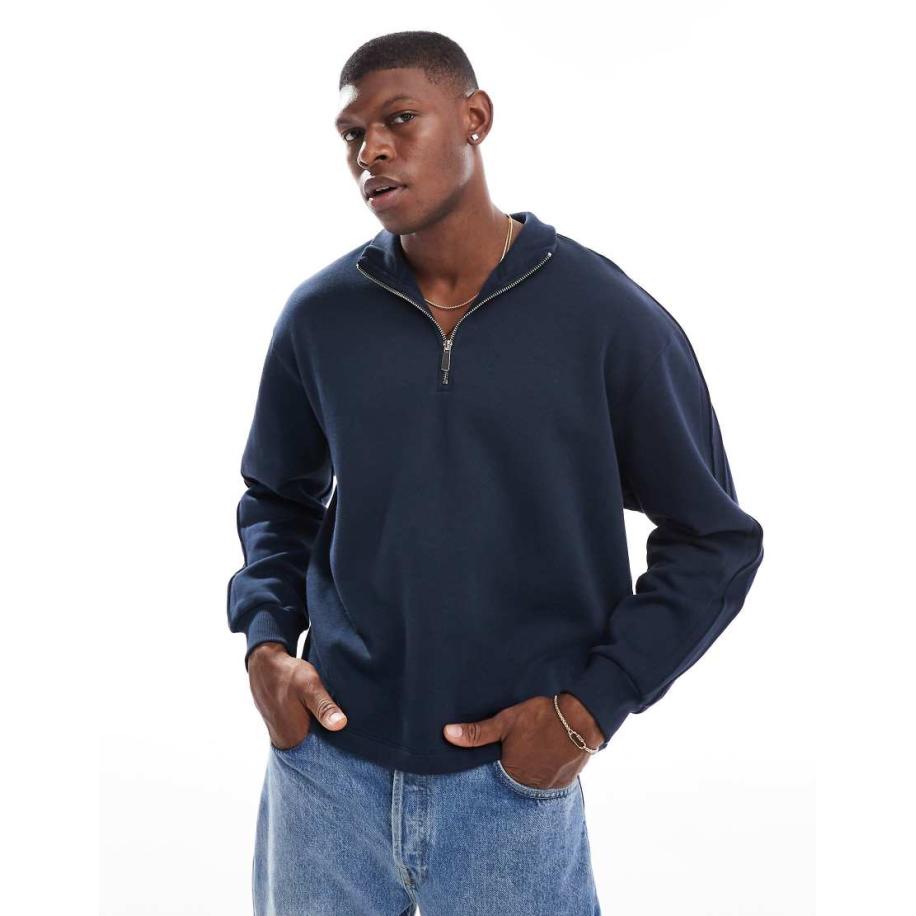 ASOS DESIGN - Oversized sweatshirt met opstaande boord met kwartrits in marineblauw Blauw