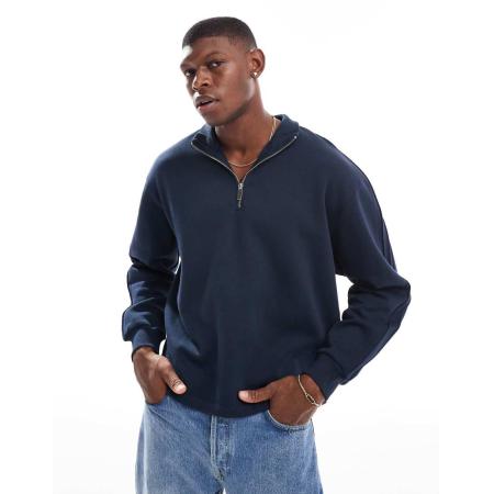 ASOS DESIGN - Oversized sweatshirt met opstaande boord met kwartrits in marineblauw