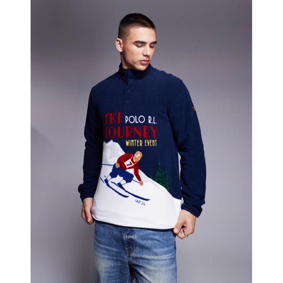 Polo Ralph Lauren - Sweatshirt van polar fleece met print van skiër en korte rits in marineblauw Blauw