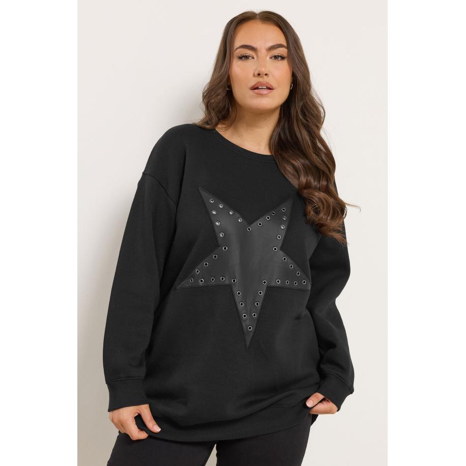 Yours Curve Zwart Kunstleren Ster Oogjes Sweatshirt Size 58-60 Zwart