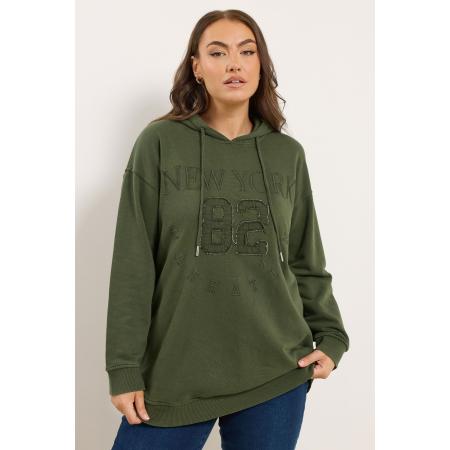 Yours Curve Khaki Groene 'New York' Geborduurde Slogan Hoodie Size 58-60