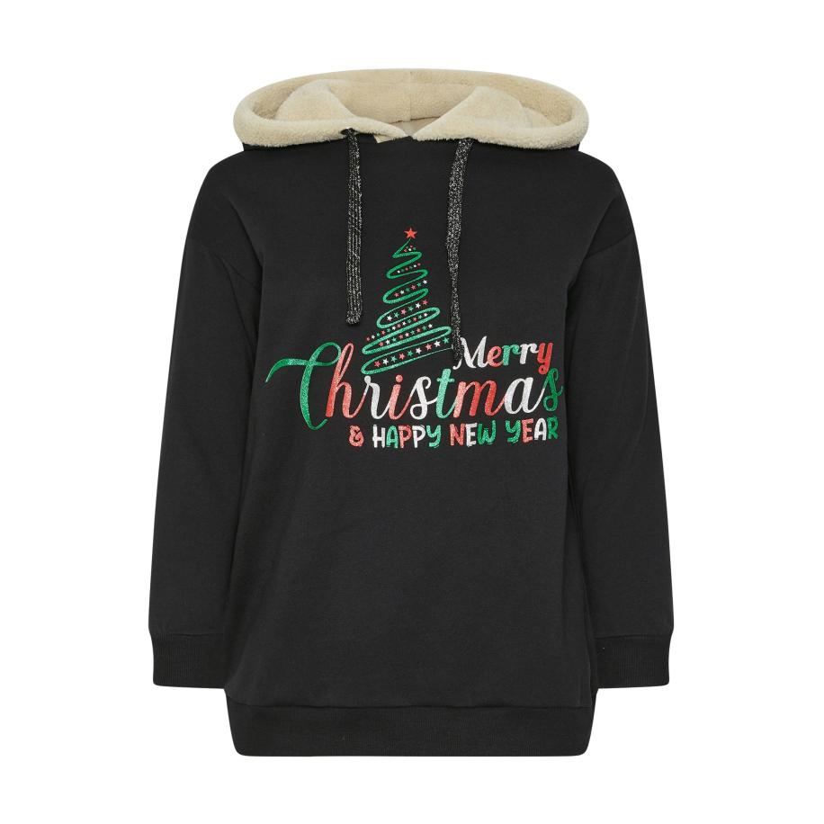 Yours Curve Zwarte 'Merry Christmas' Glitterboom Nieuwigheid Hoodie Size 54-56 Zwart
