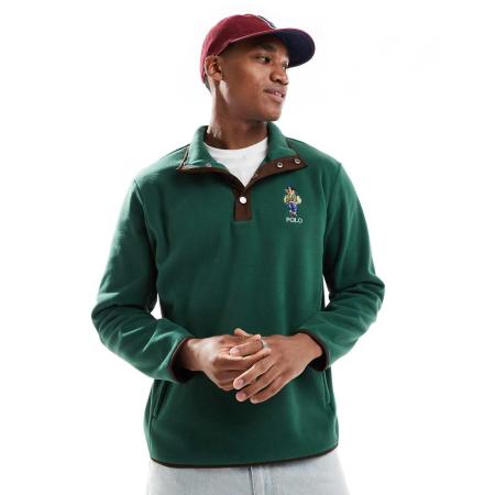 Polo Ralph Lauren - Sweatshirt van polar fleece met varsity beerprint en halve knoopbies in donkergroen