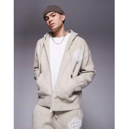 The Couture Club - Gebreide hoodie met pluizig logo en rits in beige, deel van co-ord set-Neutraal