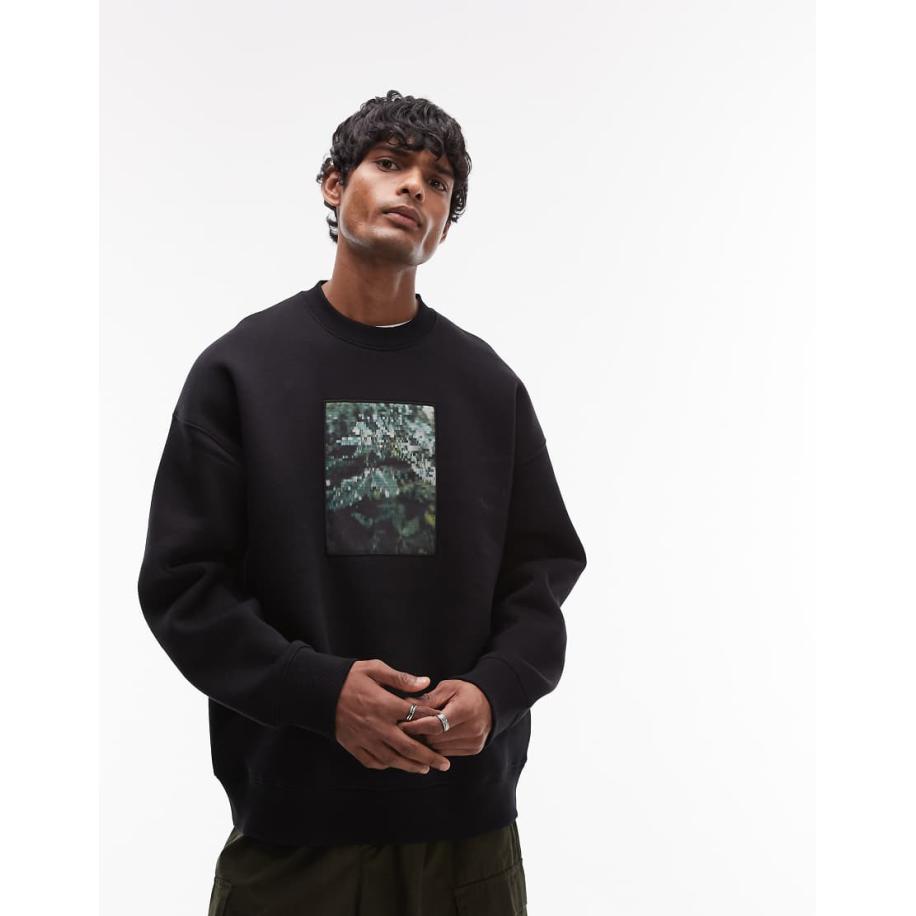 Topman - Oversized sweatshirt met patchprint van bladeren in zwart Zwart