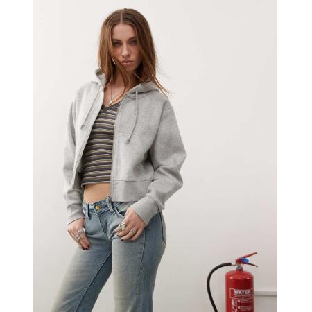 Monki Cropped hoodie met rits in gemêleerd grijs