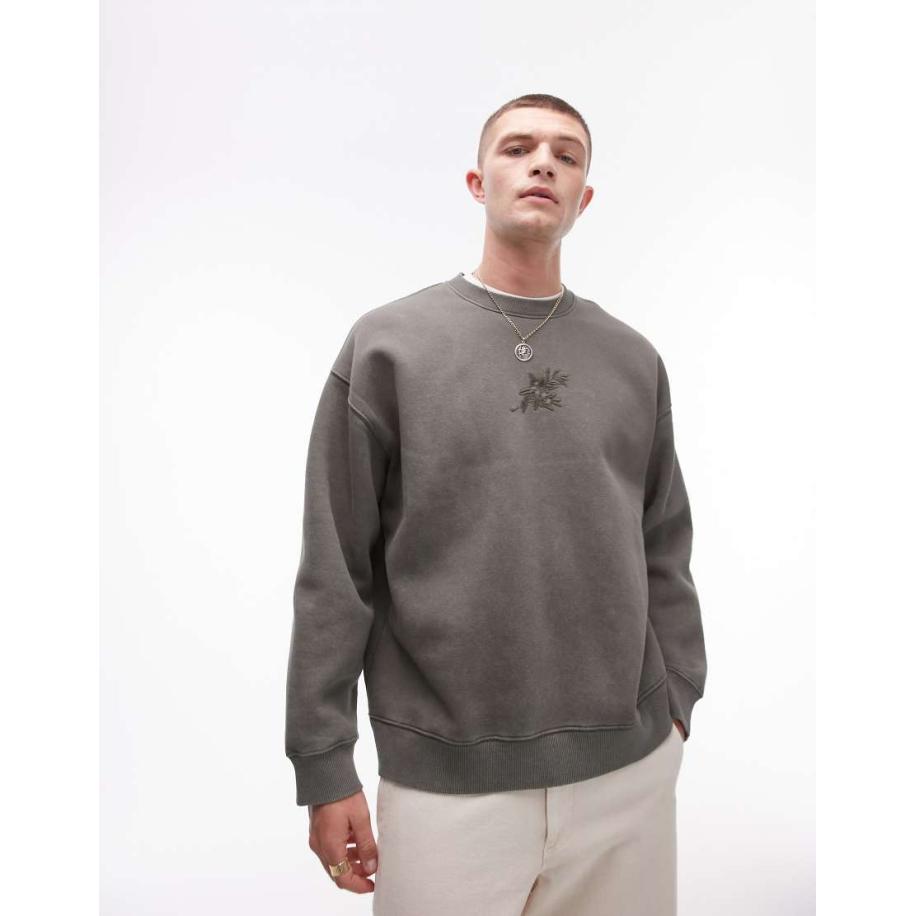 Topman - Sweatshirt met oversized pasvorm en bloemenborduursel in kaki met wassing-Groen Groen