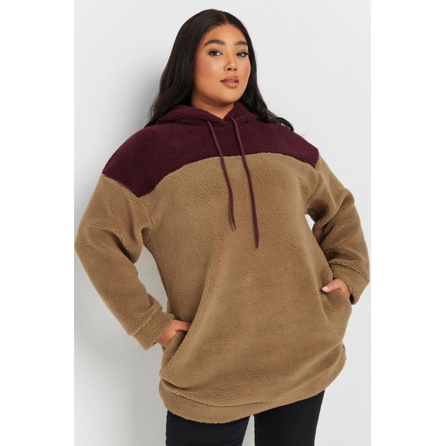 Yours Hoodie Van Fleece Met Kleurvlakken In Beige/Bordeauxrood Size 58-60 Bruin