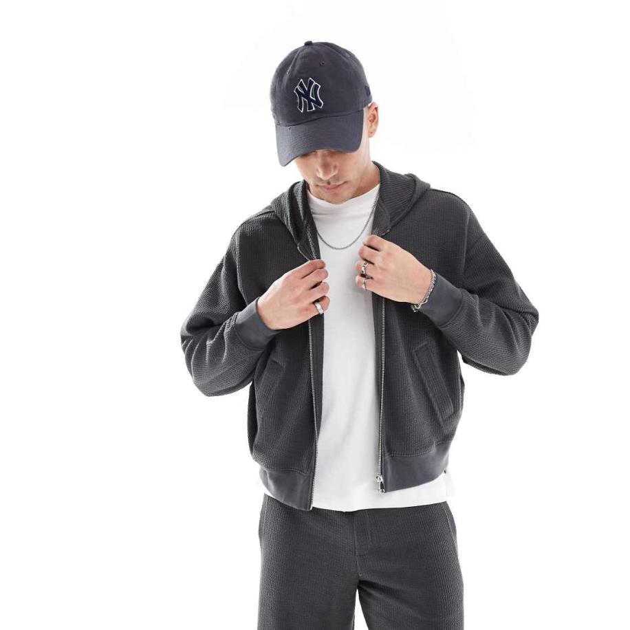 Bershka - Rechte cropped hoodie van seersuckerstof in grijs, deel van co-ord set Grijs