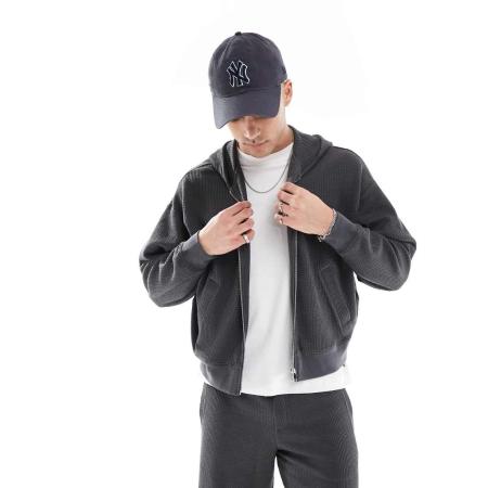 Bershka - Rechte cropped hoodie van seersuckerstof in grijs, deel van co-ord set