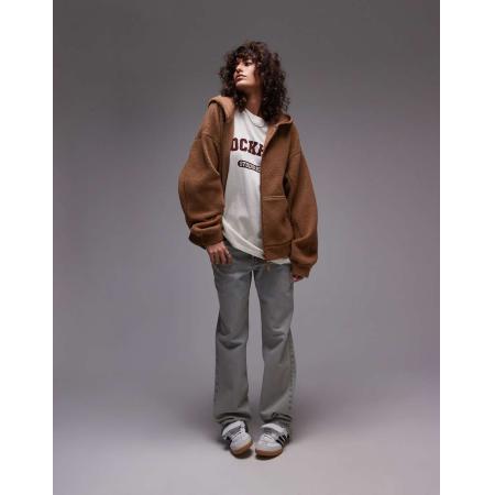 Topshop Fleece hoodie van borg met rits in toffeebruin