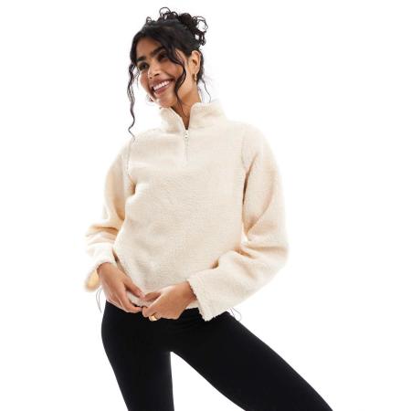 Brave Soul Fleece met lange mouwen en 3/4 rits in crème-Wit