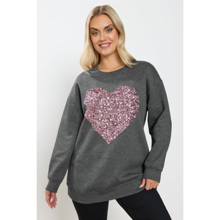 Yours Curve Grijs Sweatshirt Met Hart En Pailletten Size 50-52