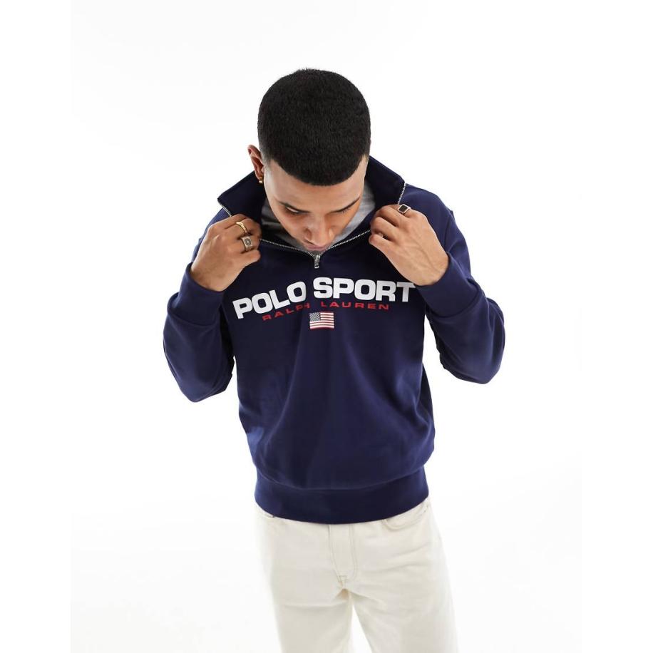 Polo Ralph Lauren - Sport Capsule - Sweatshirt met korte rits en retro vlaglogo in marineblauw Blauw