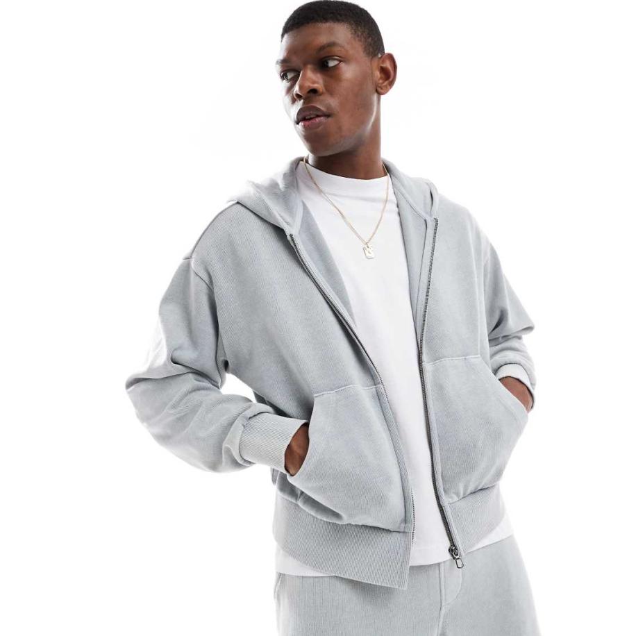 Bershka - Hoodie met ritssluiting en wassing in lichtgrijs, deel van co-ord set Grijs