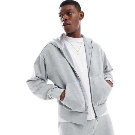 Bershka - Hoodie met ritssluiting en wassing in lichtgrijs, deel van co-ord set