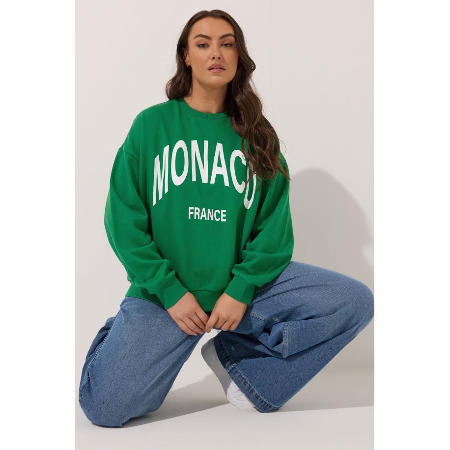 Yours Curve Green Monaco Slogan Sweatshirt Size 62-64 Groen