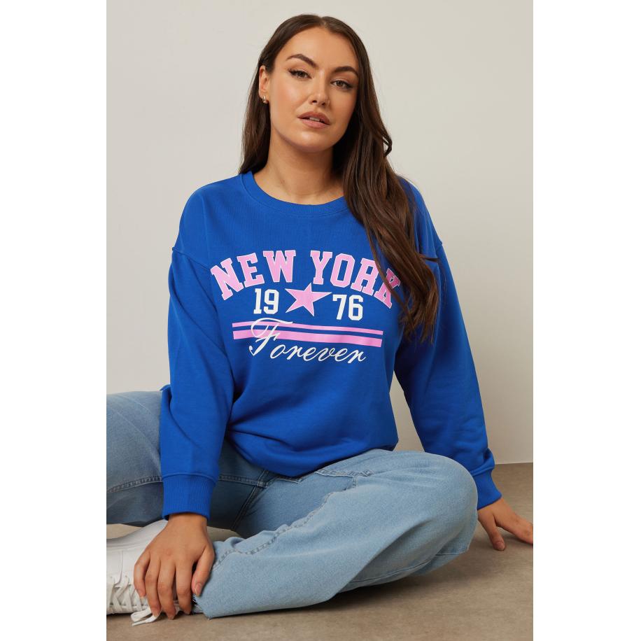 Yours Sweatshirt Met 'New York' Slogan In Kobaltblauw/Roze Size 58-60 Blauw