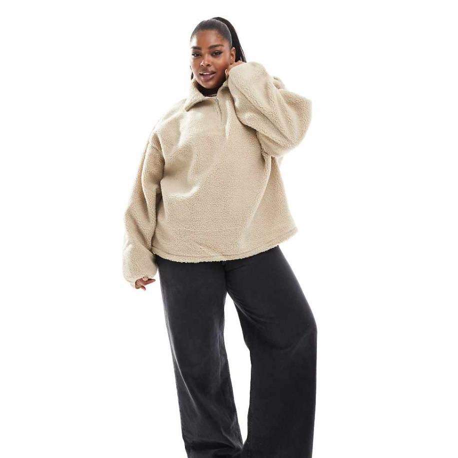 ASOS DESIGN Curve Oversized borgfleece met halve rits in neutraal Multicolor