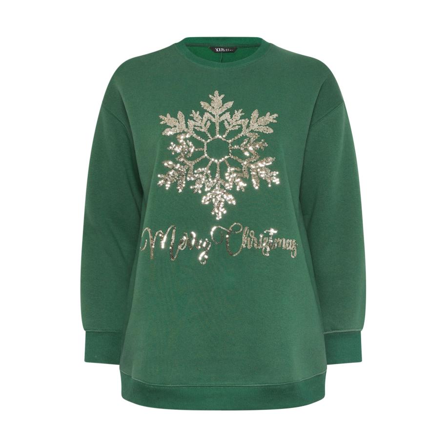 Yours Groene 'Merry Christmas' Snowflake Novelty Sweatshirt Size 58-60 Groen