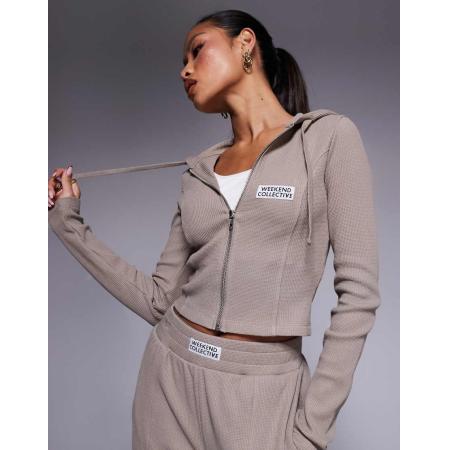 Weekend Collective Hoodie met wafelstructuur en ritssluiting in neutraal, deel van co-ord set