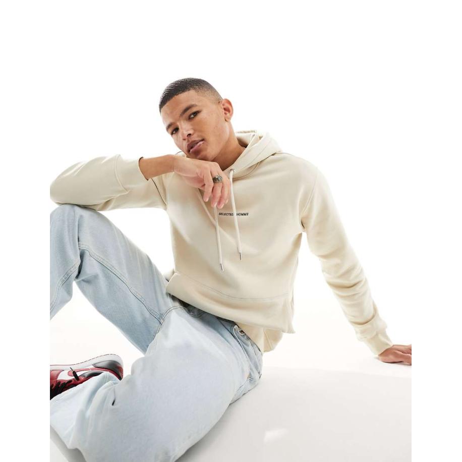 Selected Homme - Hoodie met geborduurd logo in beige-Neutraal Multicolor
