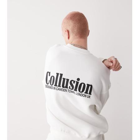 COLLUSION - Sweatshirt met Henley-hals en print in ecru, deel van co-ord set-Wit