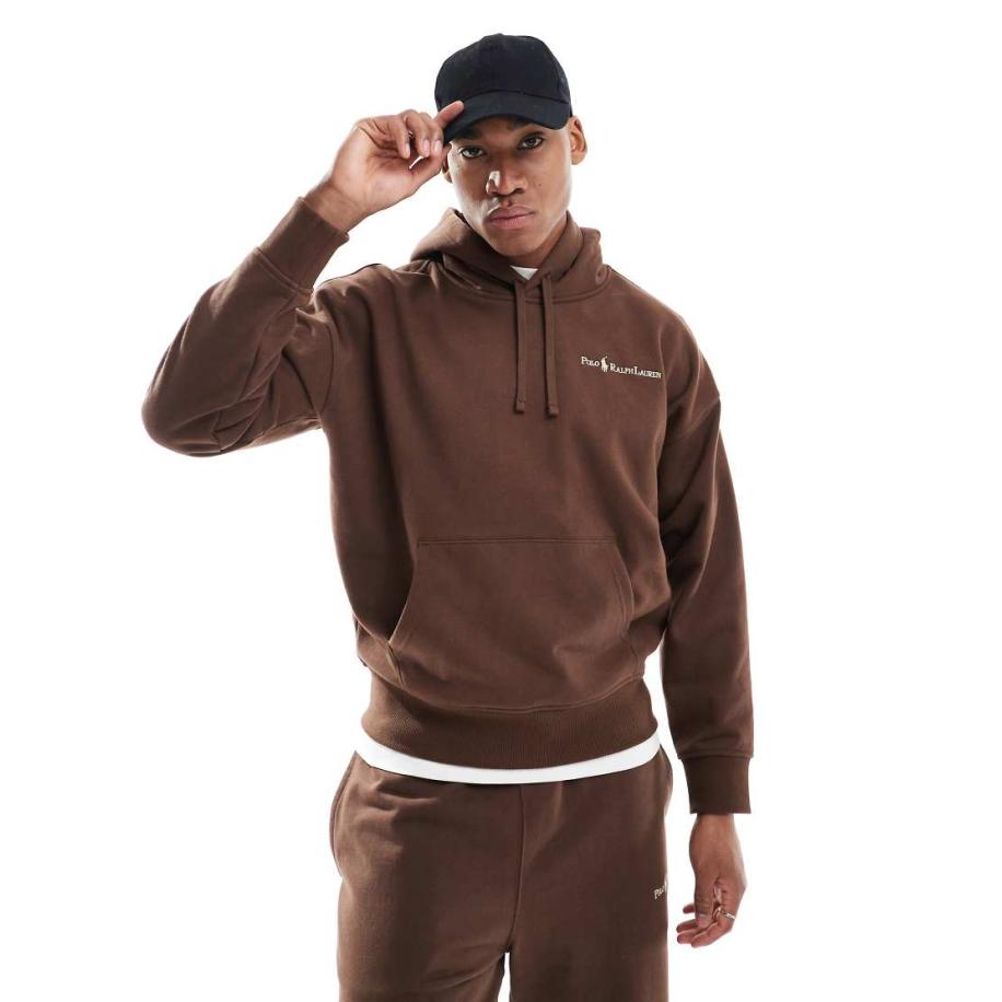 Polo Ralph Lauren - Zware ruimvallende oversized fleece hoodie met geschreven spelerslogo in bruin, deel van co-ord set Bruin