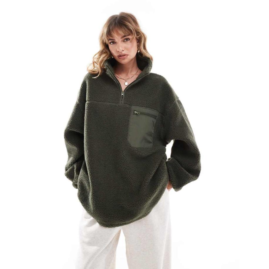 ASOS DESIGN Sweatshirt van borgfleece en nylon met korte rits in kaki-Groen Groen