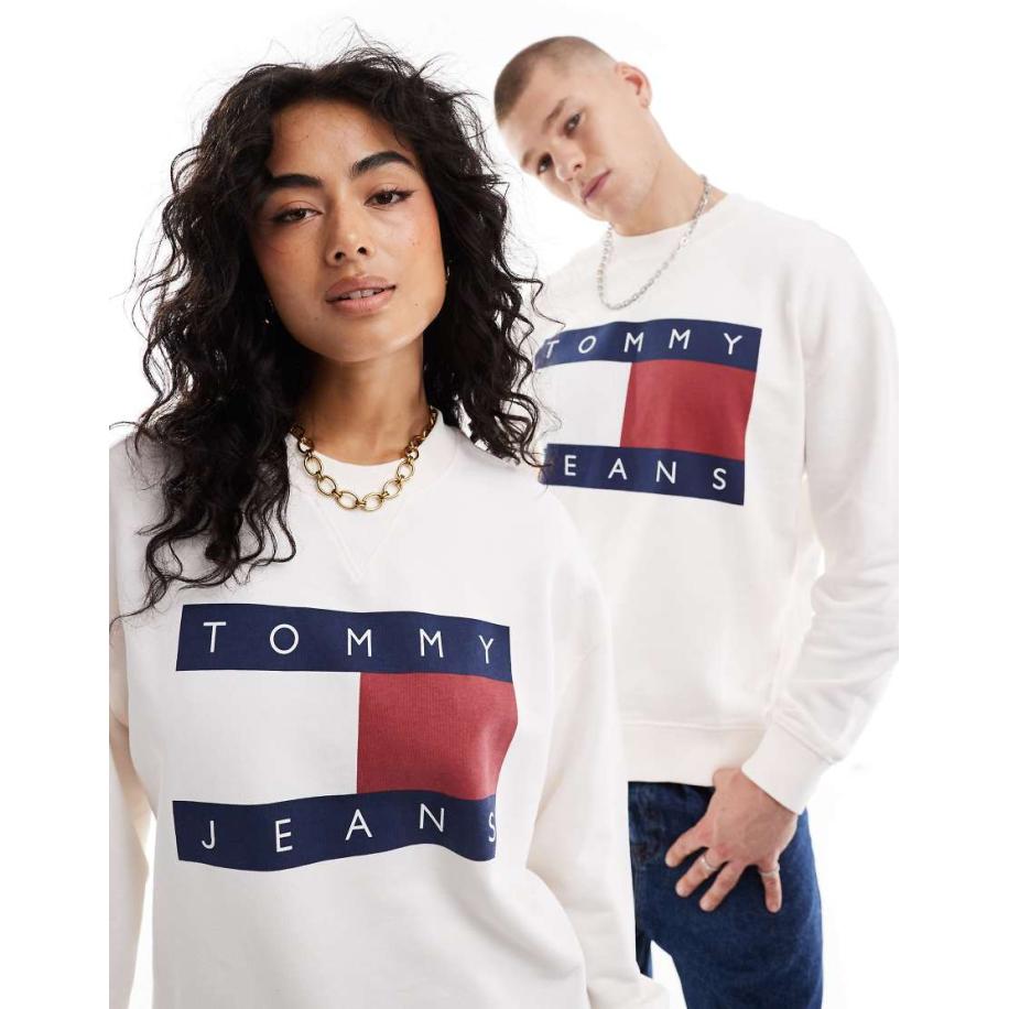 Tommy Jeans - Uniseks sweatshirt met grote vlag in gebroken wit Wit