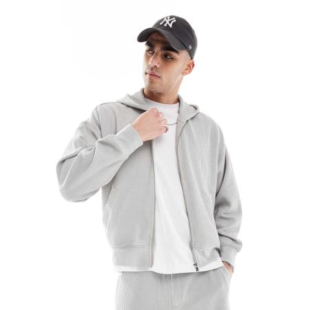 Bershka - Rechte cropped hoodie van seersuckerstof in lichtgrijs, deel van co-ord set