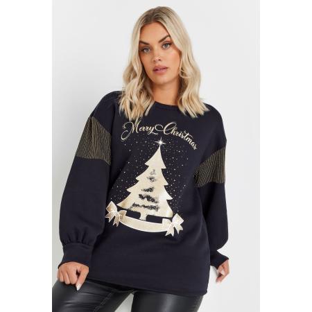 Yours Sweatshirt Met 'Merry Christmas' En Kerstboomprint Met Diamantjes In Donkerblauw Size 58-60