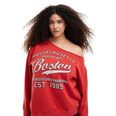 ASOS DESIGN Curve Sweatshirt met blote schouders en Boston-print in rood