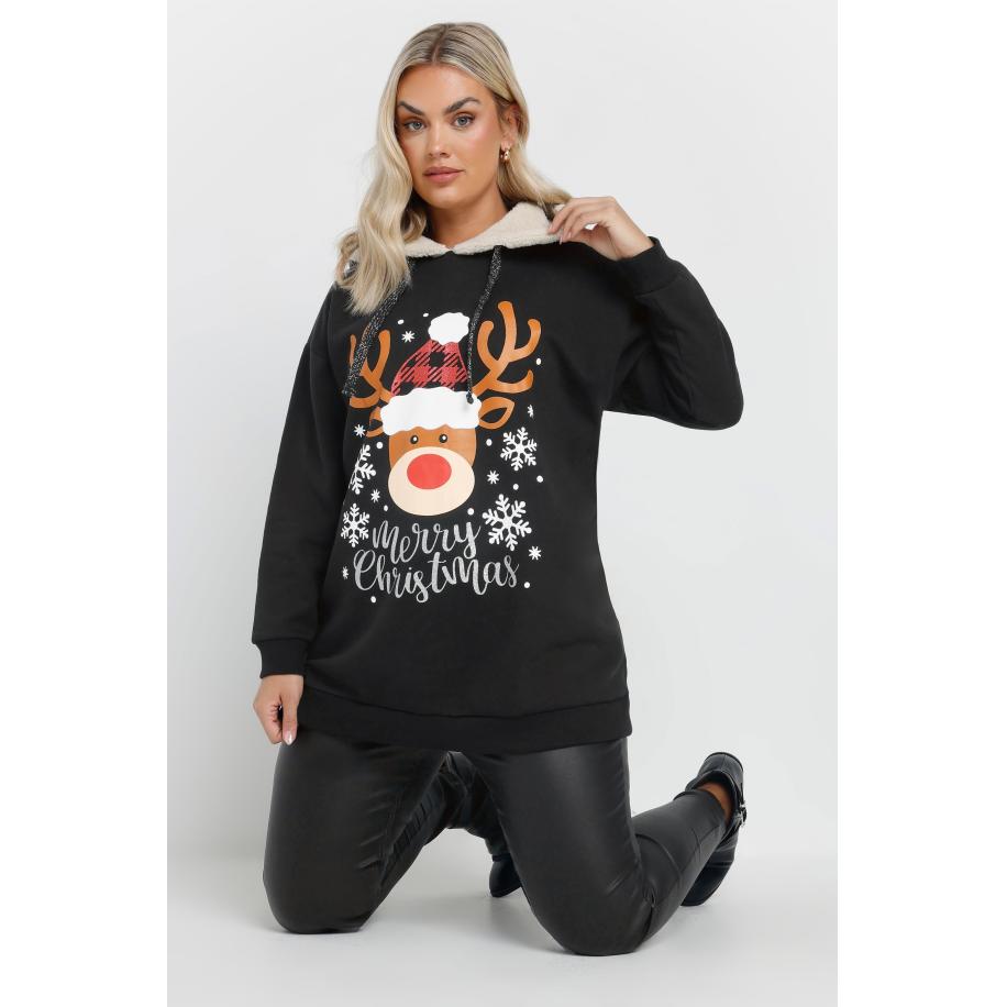 Yours Curve Zwarte 'Merry Christmas' Rendier Hoodie Size 54-56 Zwart