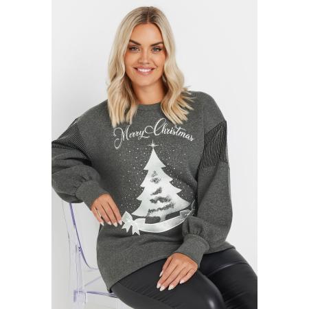 Yours Sweatshirt Met 'Merry Christmas' En Kerstboomprint Met Diamantjes In Grijs Size 58-60