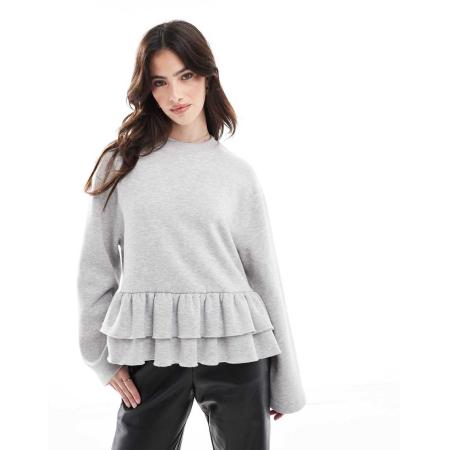 ASOS DESIGN Sweatshirt met ronde hals en ruches aan de zoom in gemêleerd grijs