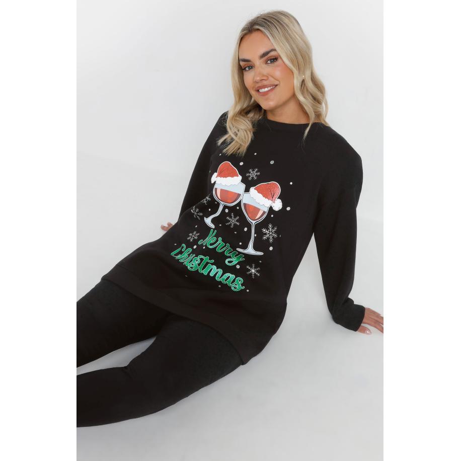 Yours Curve Zwart 'Merry Christmas' Slogan Sweatshirt Size 54-56 Zwart