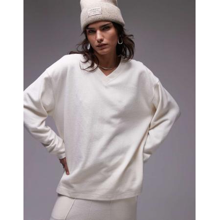 Topshop Geborsteld sweatshirt met V-hals in crème-Wit
