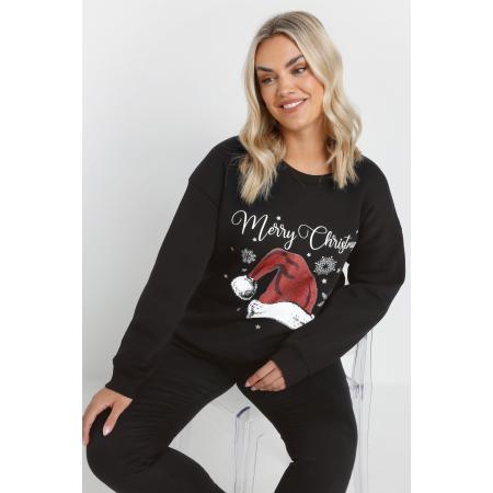 Yours Curve Zwarte 'Merry Christmas' Santa Hat Sweatshirt Size 54-56