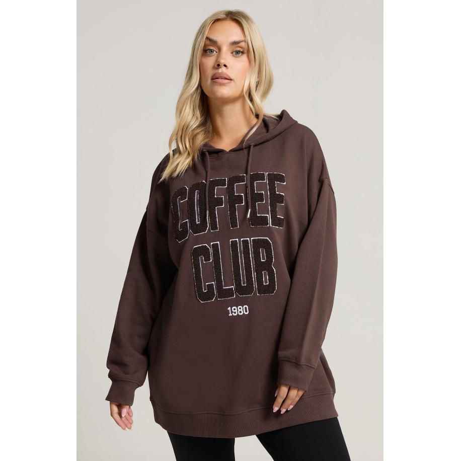 Yours Curve Bruine 'Coffee Club' Slogan Hoodie Size 62-64 Bruin