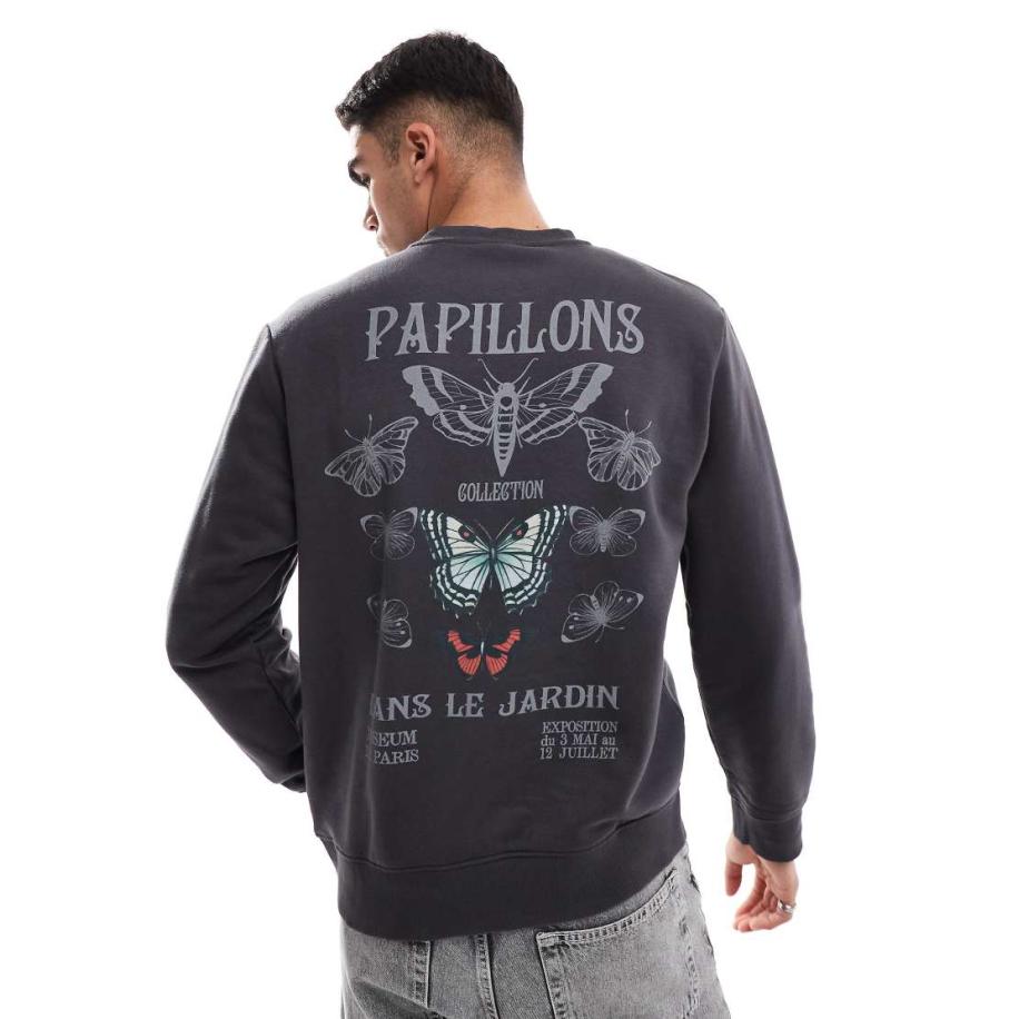 Jack & Jones - Oversized trui met ronde hals en papillon-print op de achterkant in donkergrijs Grijs