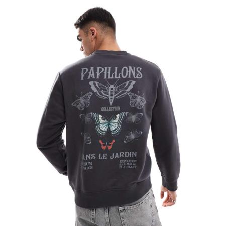 Jack & Jones - Oversized trui met ronde hals en papillon-print op de achterkant in donkergrijs